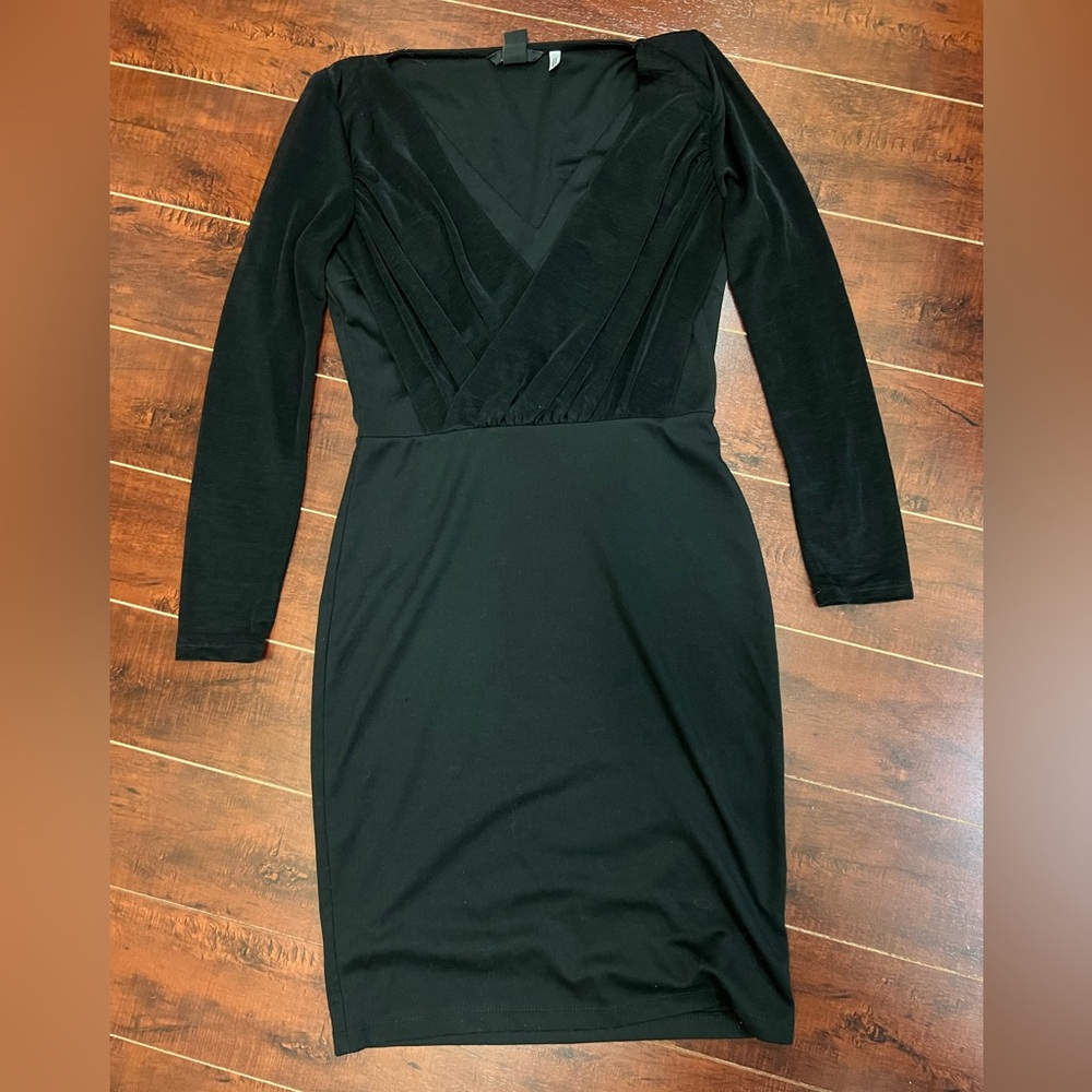 H&M Black Long Sleeve Dress Mesh Detail V Neck Size S
